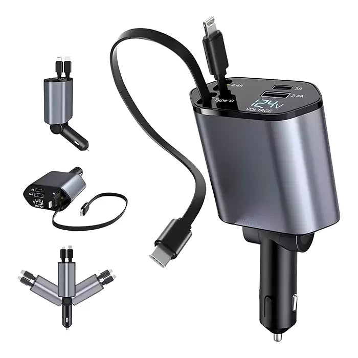 Carregador Automotivo Turbo 4 em 1 com Cabos Retráteis 120W - ChargePro™