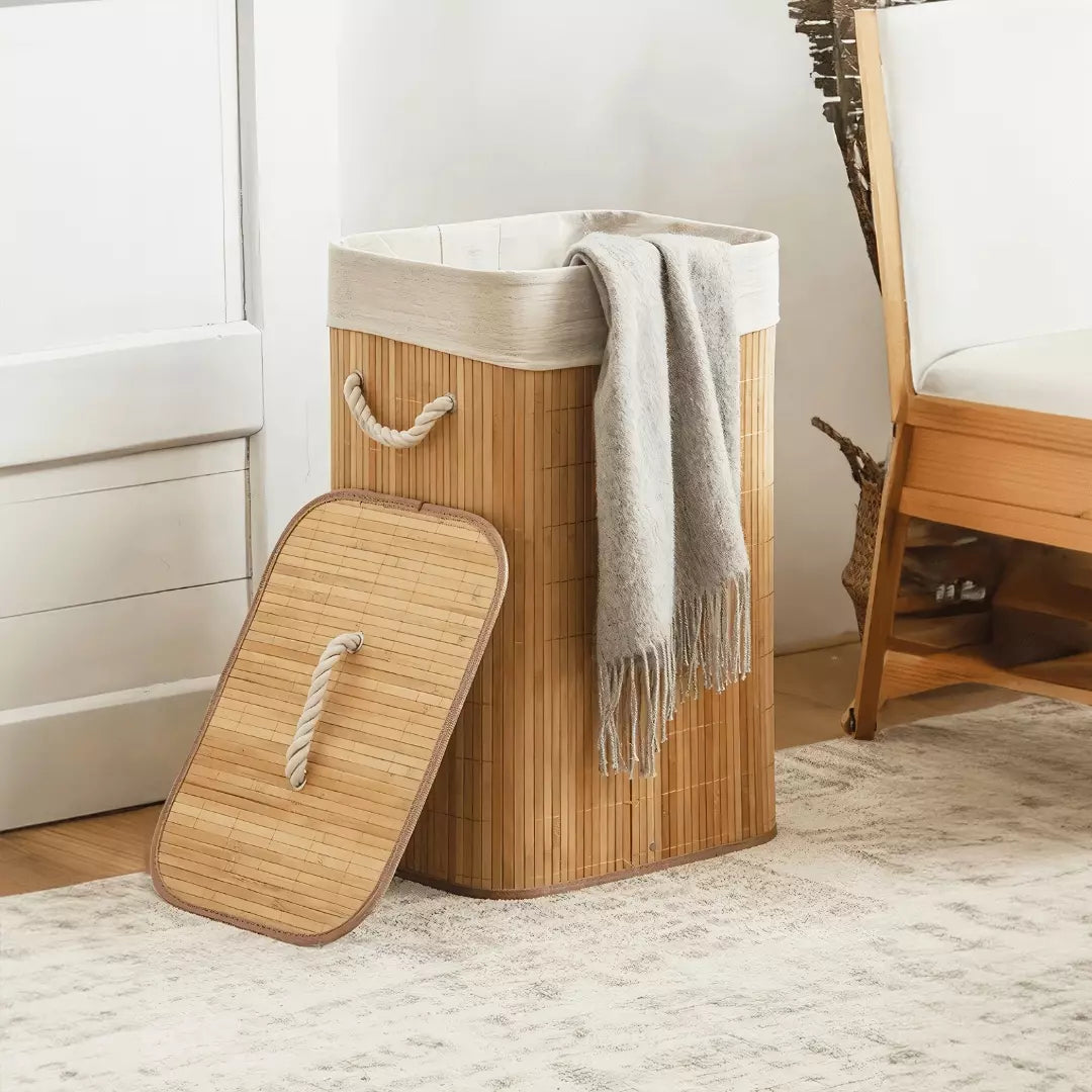 Cesto Organizador de Roupa em Bambu Trançado com Tampa e Forro 72L