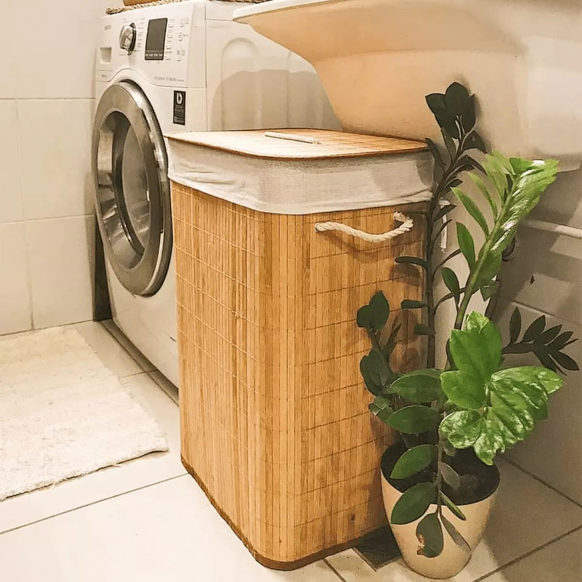 Cesto Organizador de Roupa em Bambu Trançado com Tampa e Forro 72L