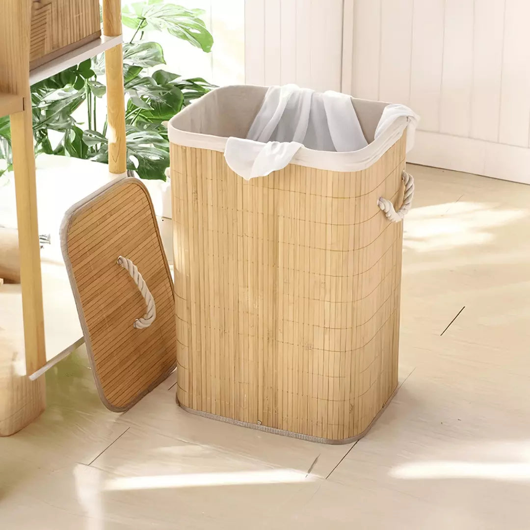 Cesto Organizador de Roupa em Bambu Trançado com Tampa e Forro 72L