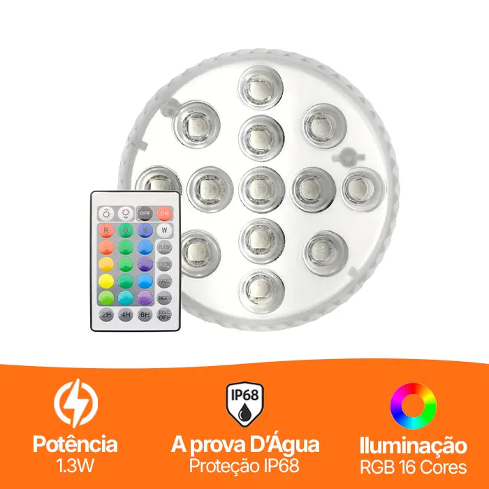 Kit de Luminárias para Piscina RGB 13 LEDS Sem Fios com Controle Remoto - AquaLed™