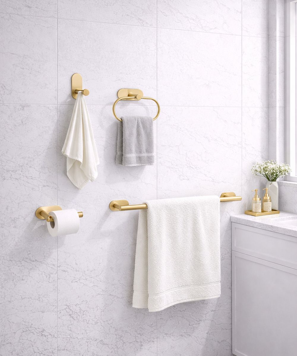 Kit de Acessórios Auryn Dourado para Banheiro com 4 Peças Premium
