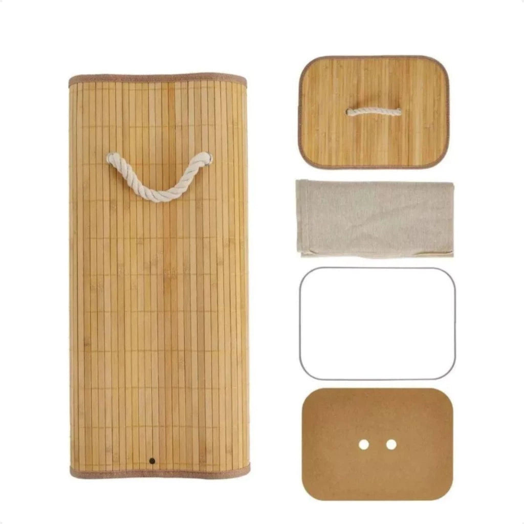 Cesto Organizador de Roupa em Bambu Trançado com Tampa e Forro 72L
