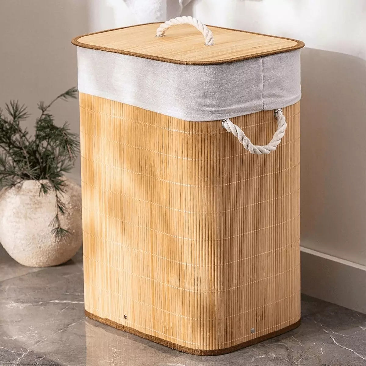 Cesto Organizador de Roupa em Bambu Trançado com Tampa e Forro 72L