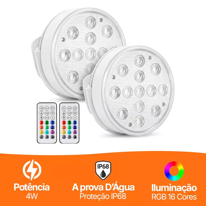 Kit de Luminárias Recarregável para Piscina RGB 13 LEDS Sem Fios com Controle Remoto