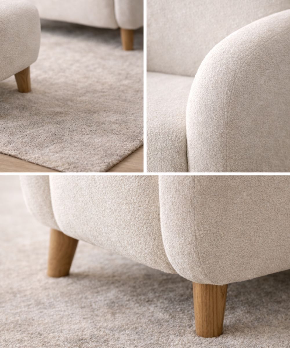 Poltrona com Puff Estofada em Bouclé Decorativa Moderna Oryn