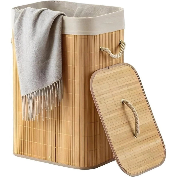 Cesto Organizador de Roupa em Bambu Trançado com Tampa e Forro